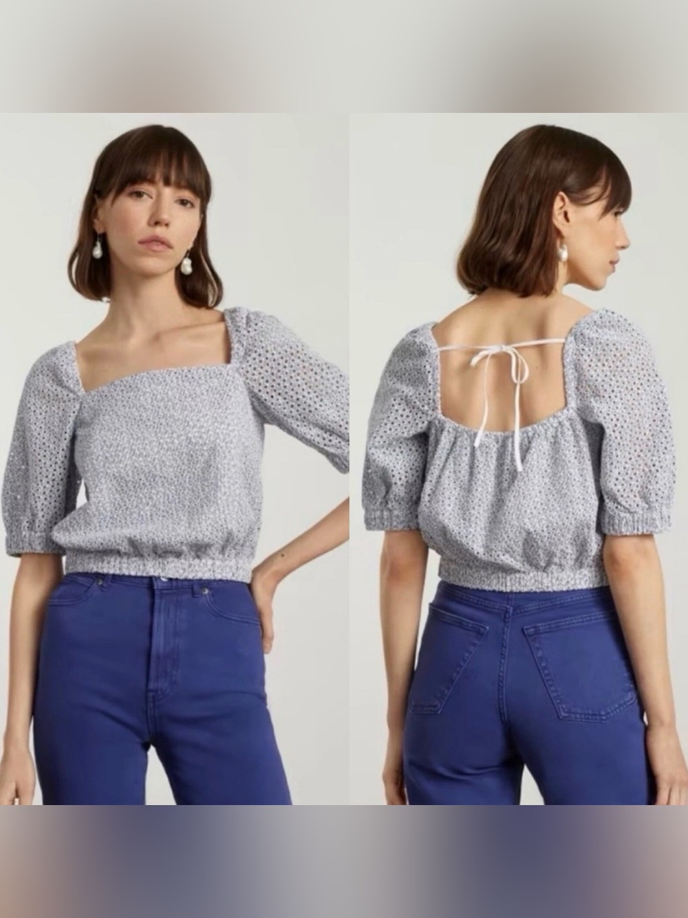 Everlane Eyelet Puff Sleeve Blue White Coastal Cottagecore Shirt Square Neck SML